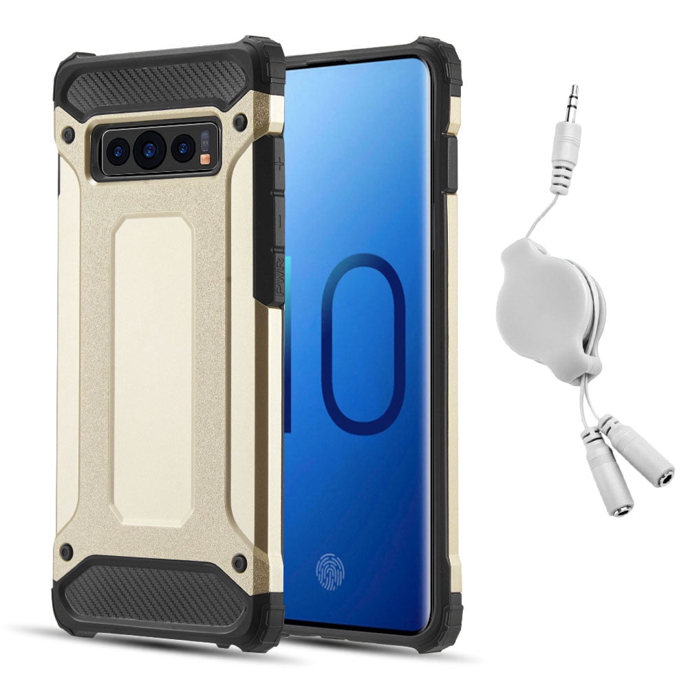 BUNDLE: Rugged Performance Dual Layer Hybrid Case for Galaxy S10 Plus (Gold) & Retractable 3.5mm Headphone Splitter Cable - Port Covers, Bumper Corner Protection, Shock Absorption, Raised Lip Guard