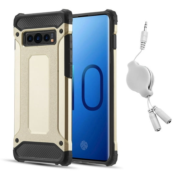 BUNDLE: Rugged Performance Dual Layer Hybrid Case for Galaxy S10 Plus (Gold) & Retractable 3.5mm Headphone Splitter Cable - Port Covers, Bumper Corner Protection, Shock Absorption, Raised Lip Guard