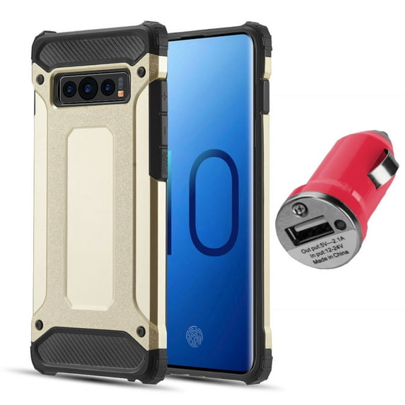 BUNDLE: Rugged Performance Dual Layer Hybrid Case for Galaxy S10 Plus (Gold) & USB Car Charger Adapter - Ultra Lightweight, Port Covers, Bumper Corner Protection, Shock Absorption, Raised Lip Guard