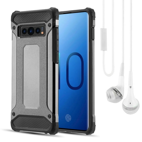 BUNDLE: Rugged Performance Dual Layer Hybrid Case for Galaxy S10 Plus (Gray) & Deluxe Stereo Hands-Free Headset - Ultra Slim, Port Covers, Bumper Corner Protection, Shock Absorption, Raised Lip Guard