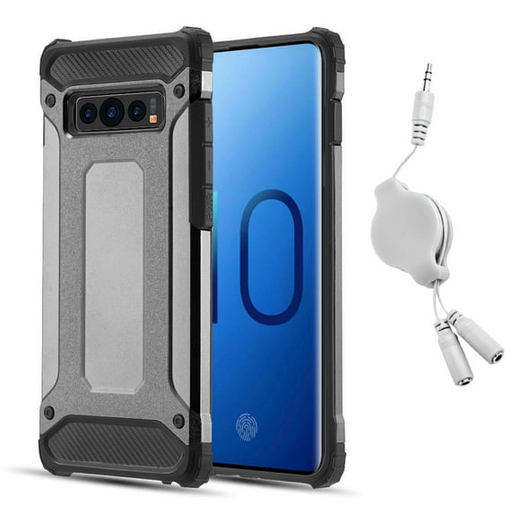 BUNDLE: Rugged Performance Dual Layer Hybrid Case for Galaxy S10 Plus (Gray) & Retractable 3.5mm Headphone Splitter Cable - Port Covers, Bumper Corner Protection, Shock Absorption, Raised Lip Guard