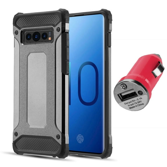 BUNDLE: Rugged Performance Dual Layer Hybrid Case for Galaxy S10 Plus (Gray) & USB Car Charger Adapter - Ultra Lightweight, Port Covers, Bumper Corner Protection, Shock Absorption, Raised Lip Guard