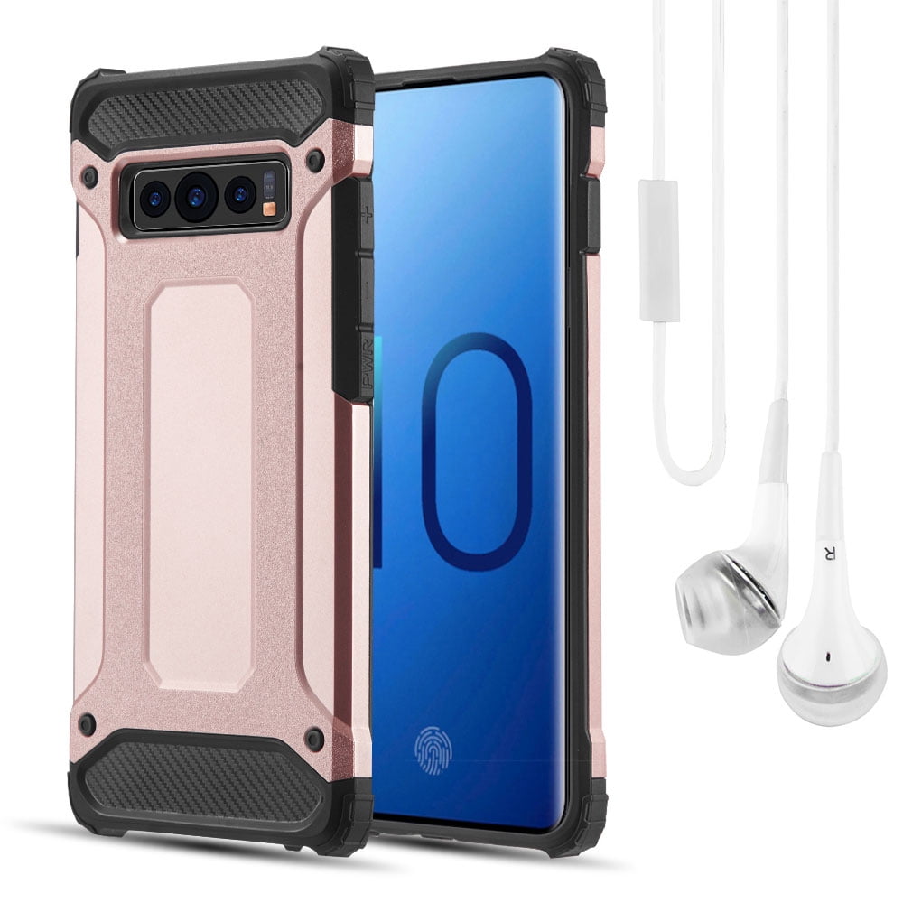 BUNDLE: Rugged Performance Dual Layer Hybrid Case for Galaxy S10 (Rose Gold) & Deluxe Stereo Hands-Free Headset - Ultra Slim, Port Covers, Bumper Corner Protection, Shock Absorption, Raised Lip Guard