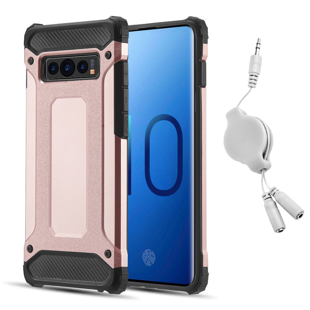 BUNDLE: Rugged Performance Dual Layer Hybrid Case for Galaxy S10 (Rose Gold) & Retractable 3.5mm Headphone Splitter Cable - Slim, Port Covers, Corner Protection, Shock Absorption, Raised Lip Guard