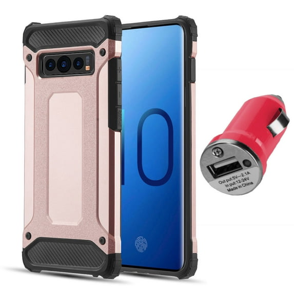 BUNDLE: Rugged Performance Dual Layer Hybrid Case for Galaxy S10 (Rose Gold) & USB Car Charger Adapter - Ultra Lightweight, Port Covers, Bumper Corner Protection, Shock Absorption, Raised Lip Guard