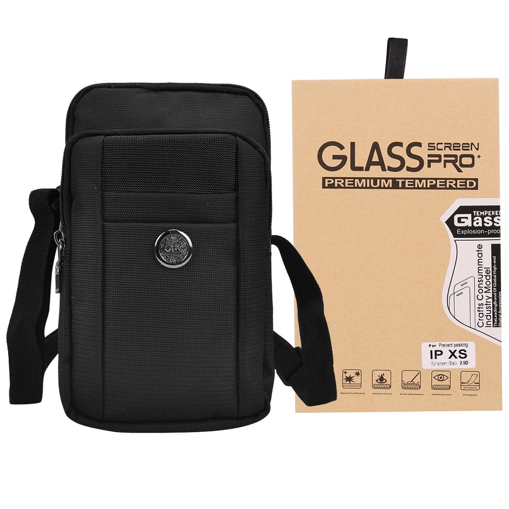 BUNDLE: Sports Travel EDC Tactical Pouch (Black) with Tempered Glass Screen Protector for Apple iPhone XS Max -Includes Detachable Shoulder Strap, Belt Loop, & Carabiner Clip