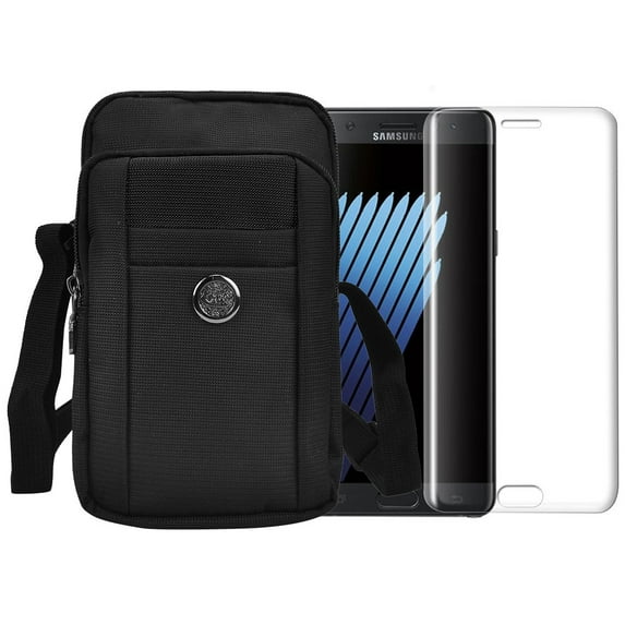 BUNDLE: Sports Travel EDC Tactical Pouch (Black) with Tempered Glass Screen Protector for Samsung Galaxy Note 9 - Includes Detachable Shoulder Strap, Belt Loop, & Carabiner Clip