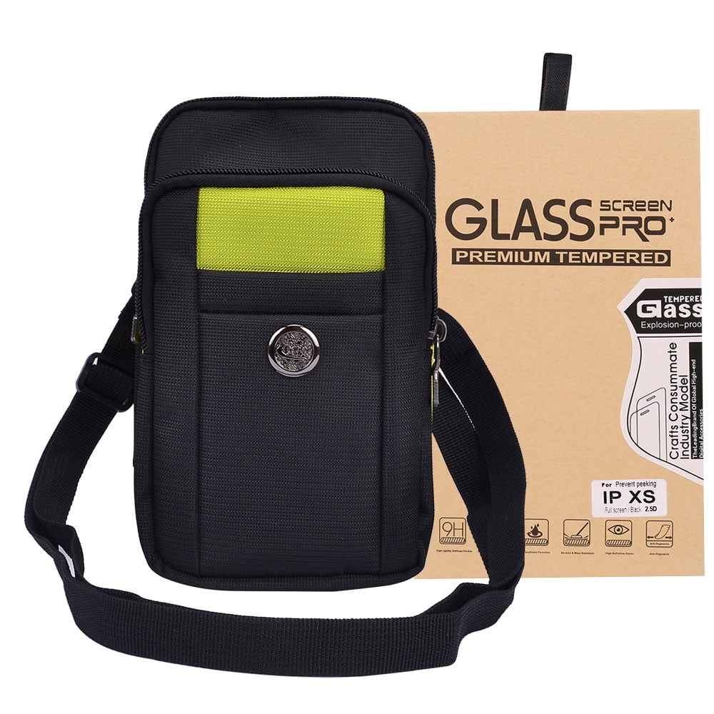 BUNDLE: Sports Travel EDC Tactical Pouch (Green) with Privacy Tempered Glass Screen Protector for Apple iPhone X & XS - Includes Detachable Shoulder Strap, Belt Loop, & Carabiner Clip