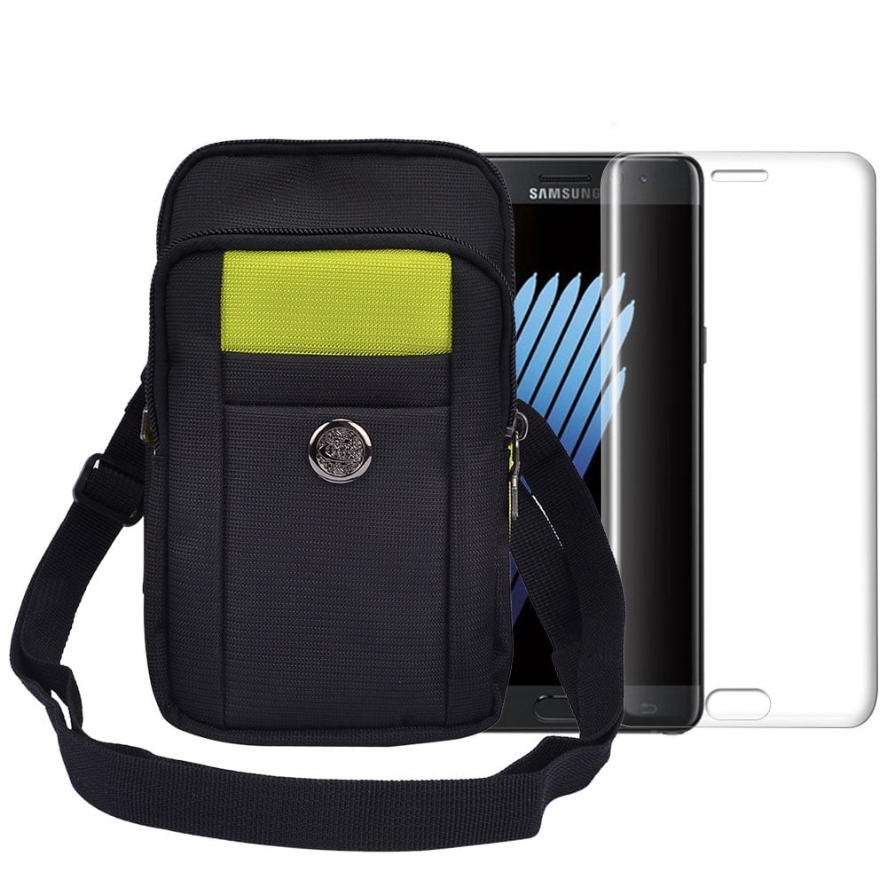 BUNDLE: Sports Travel EDC Tactical Pouch (Green) with Tempered Glass Screen Protector for Samsung Galaxy S9 - Includes Detachable Shoulder Strap, Belt Loop, & Carabiner Clip