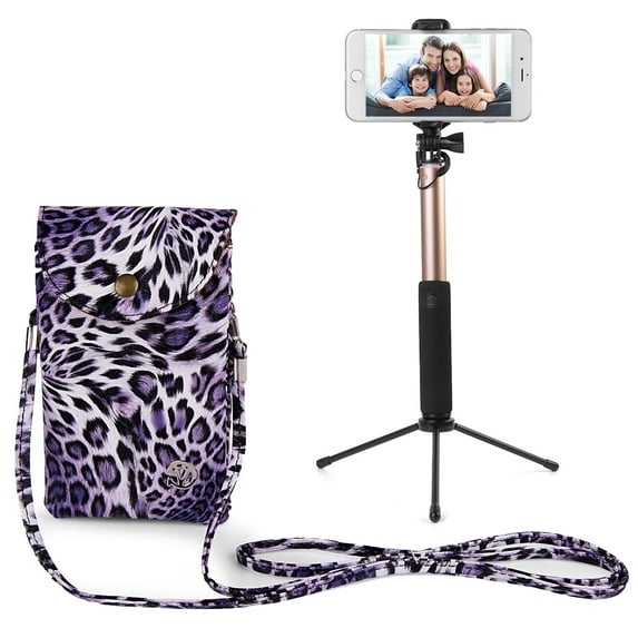 BUNDLE: Travel Crossbody Pouch (Purple Leopard) & Selfie Stick Mini Tripod 2.0 (Gold) - Vegan Leather Smartphone Bag with Removable Shoulder Strap