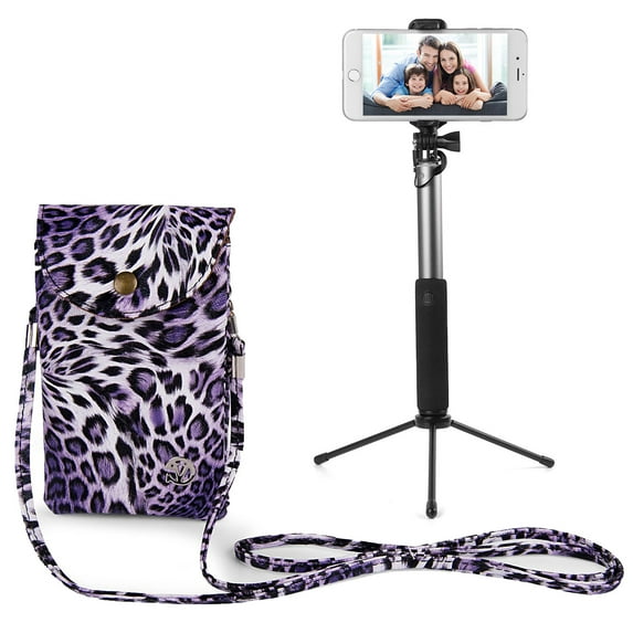 BUNDLE: Travel Crossbody Pouch (Purple Leopard) & Selfie Stick Mini Tripod 2.0 (Silver) - Vegan Leather Smartphone Bag with Removable Shoulder Strap