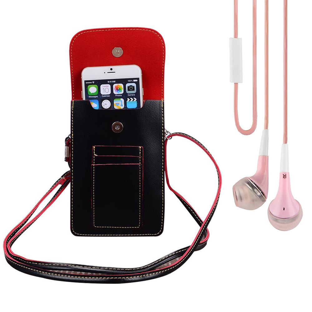 BUNDLE: Vegan Leather Vertical Crossbody Smartphone Pouch Wallet (Black) & Deluxe Stereo Hands-Free Headset (Pink) - for Smartphones up to 6.5-inch, Shoulder Strap, Headphones w/ Microphone