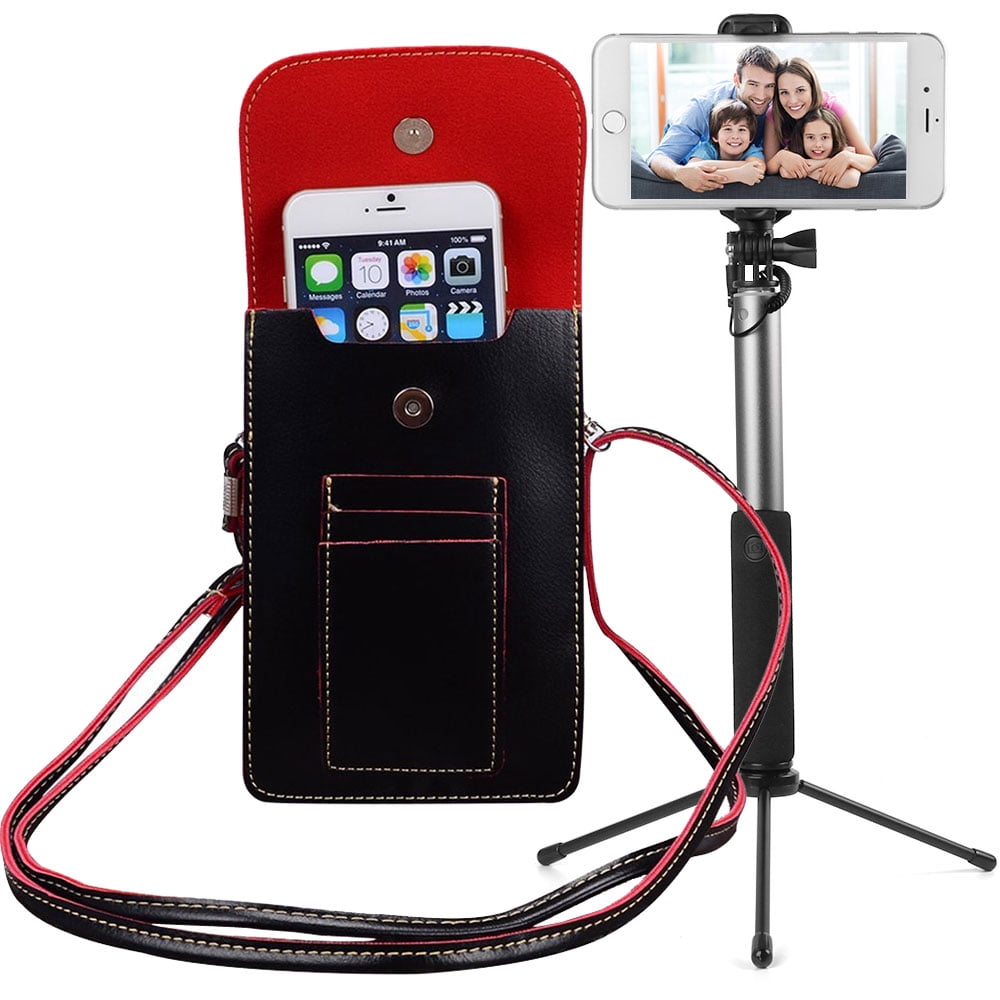 BUNDLE: Vegan Leather Vertical Crossbody Smartphone Pouch Wallet (Black) & Selfie Stick Mini Tripod 2.0 (Silver) - for Smartphones up to 6.5-inch, Removable Adjustable Shoulder Strap