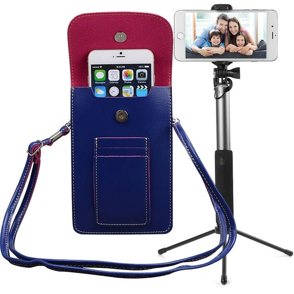 BUNDLE: Vegan Leather Vertical Crossbody Smartphone Pouch Wallet (Blue) & Selfie Stick Mini Tripod 2.0 (Silver) - for Smartphones up to 6.5-inch, Removable Adjustable Shoulder Strap