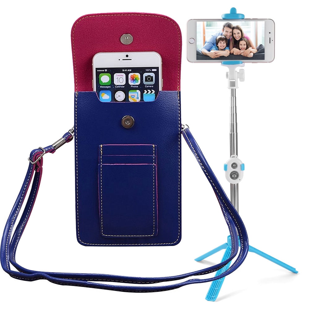 BUNDLE: Vegan Leather Vertical Crossbody Smartphone Pouch Wallet (Blue) & Selfie Stick Mini Tripod (Aqua) - for Smartphones up to 6.5-inch, Removable Adjustable Shoulder Strap