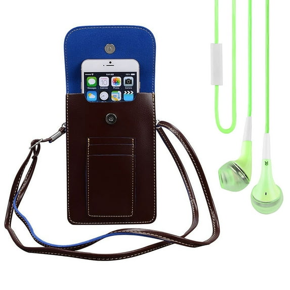 BUNDLE: Vegan Leather Vertical Crossbody Smartphone Pouch Wallet (Brown) & Deluxe Stereo Hands-Free Headset (Green) - for Smartphones up to 6.5-inch, Shoulder Strap, Headphones w/ Microphone