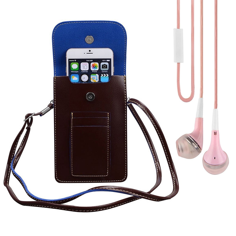 BUNDLE: Vegan Leather Vertical Crossbody Smartphone Pouch Wallet (Brown) & Deluxe Stereo Hands-Free Headset (Pink) - for Smartphones up to 6.5-inch, Shoulder Strap, Headphones w/ Microphone