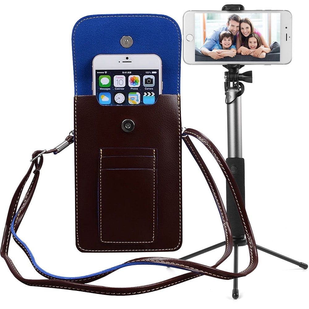 BUNDLE: Vegan Leather Vertical Crossbody Smartphone Pouch Wallet (Brown) & Selfie Stick Mini Tripod 2.0 (Silver) - for Smartphones up to 6.5-inch, Removable Adjustable Shoulder Strap