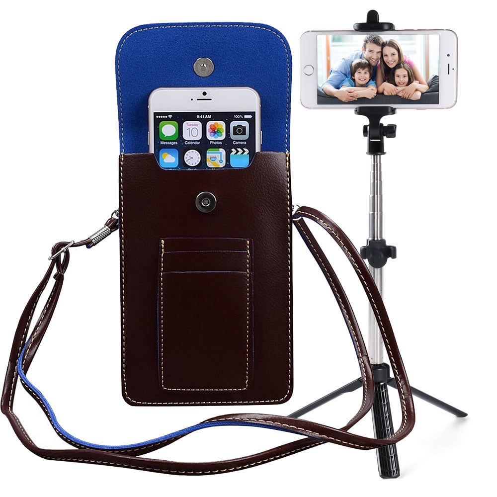 BUNDLE: Vegan Leather Vertical Crossbody Smartphone Pouch Wallet (Brown) & Selfie Stick Mini Tripod (Black) - for Smartphones up to 6.5-inch, Removable Adjustable Shoulder Strap