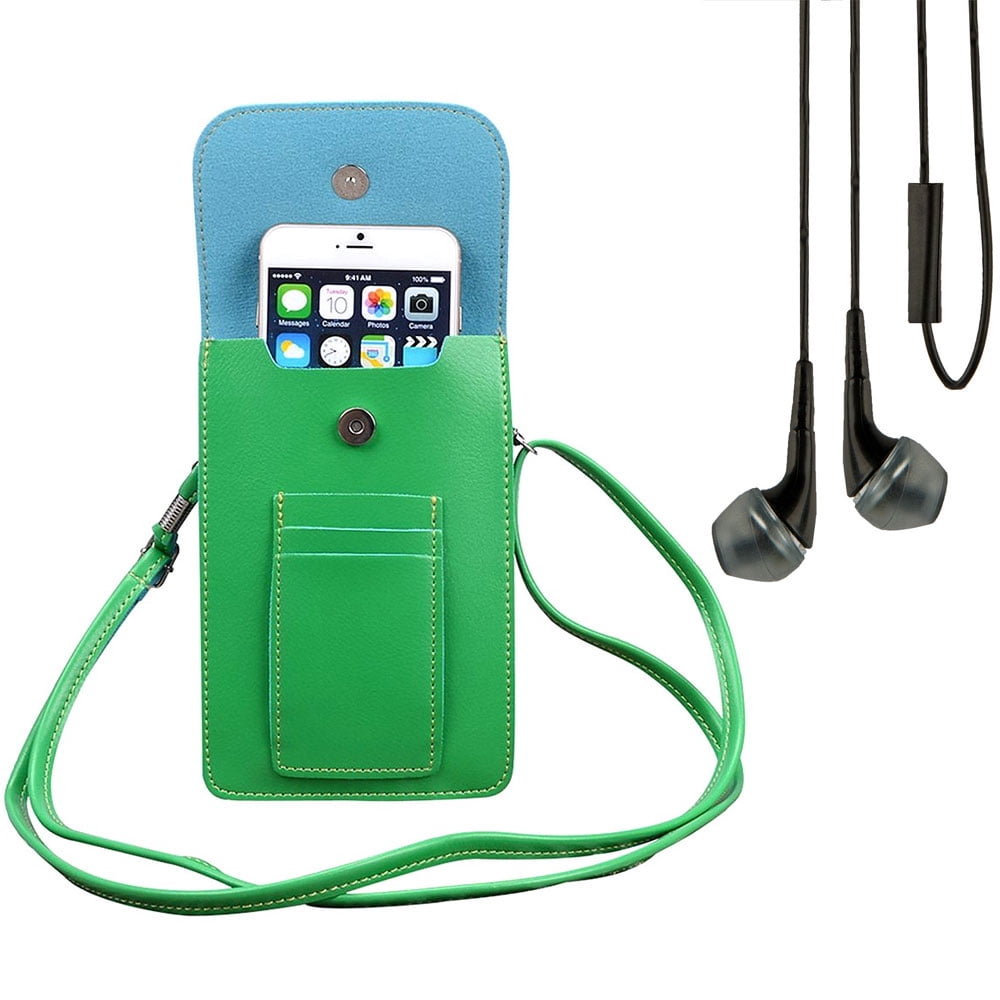 BUNDLE: Vegan Leather Vertical Crossbody Smartphone Pouch Wallet (Green) & Deluxe Stereo Hands-Free Headset (Black) - for Smartphones up to 6.5-inch, Shoulder Strap, Headphones w/ Microphone