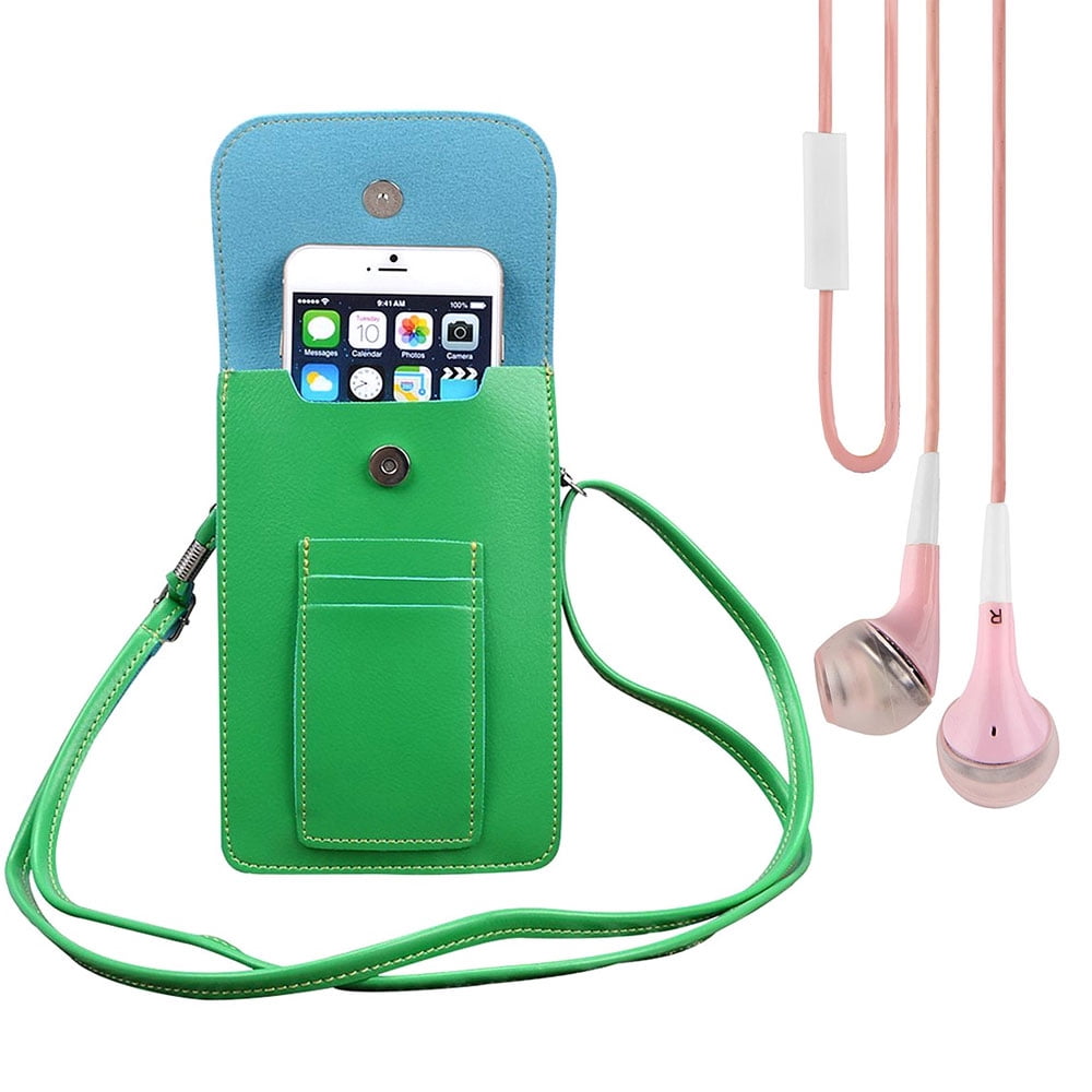 BUNDLE: Vegan Leather Vertical Crossbody Smartphone Pouch Wallet (Green) & Deluxe Stereo Hands-Free Headset (Pink) - for Smartphones up to 6.5-inch, Shoulder Strap, Headphones w/ Microphone