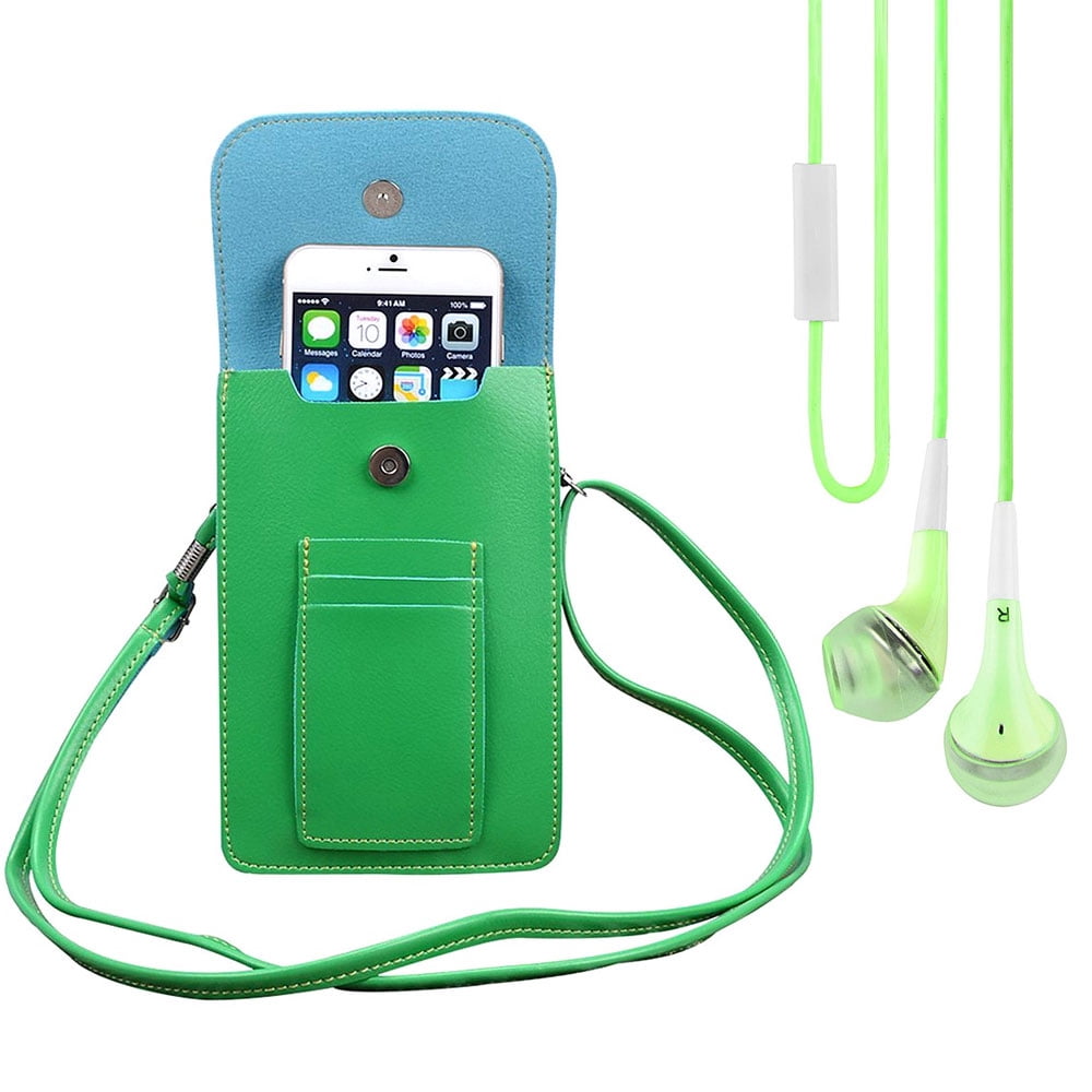 BUNDLE: Vegan Leather Vertical Crossbody Smartphone Pouch Wallet (Green) & Deluxe Stereo Hands-Free Headset (Green) - for Smartphones up to 6.5-inch, Shoulder Strap, Headphones w/ Microphone