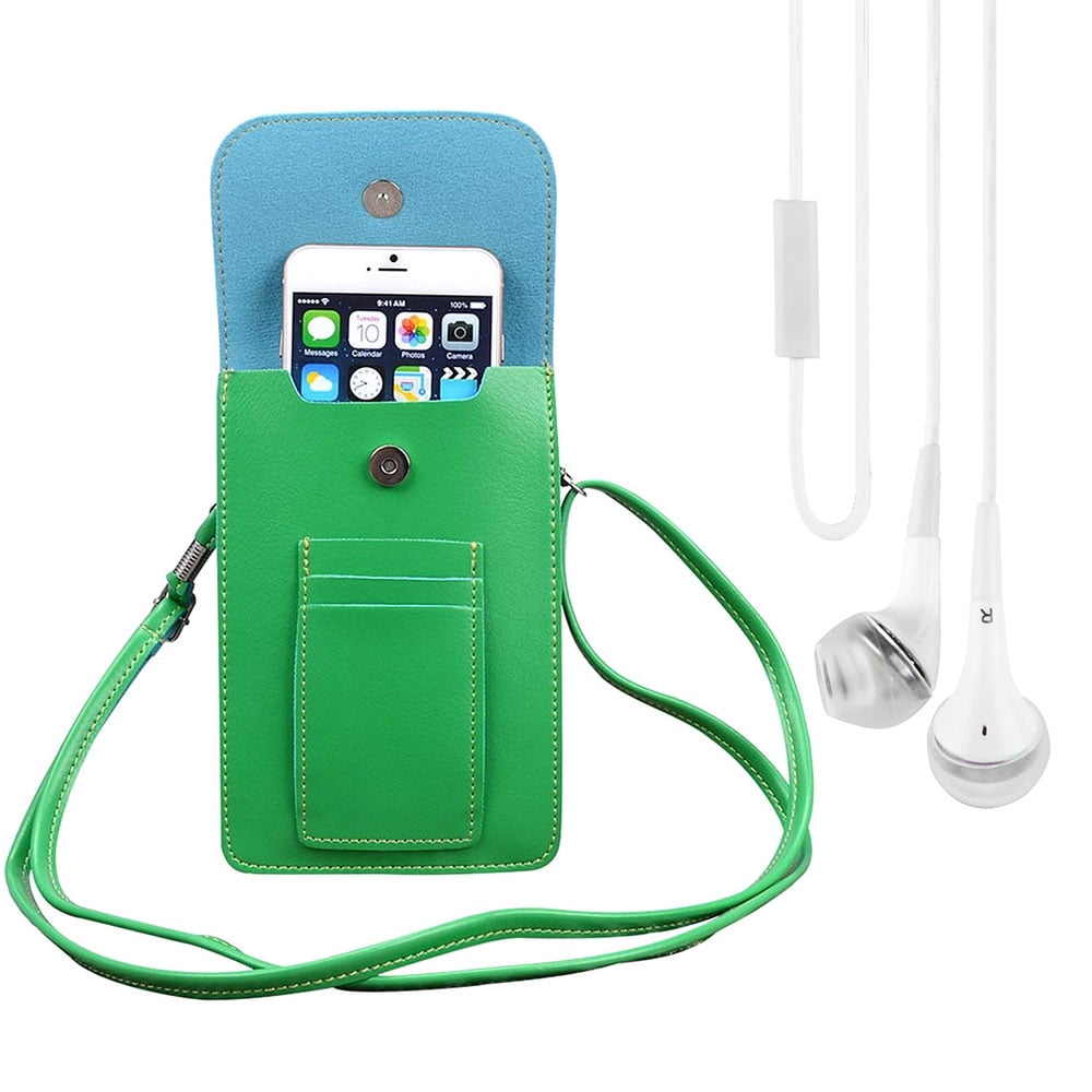 BUNDLE: Vegan Leather Vertical Crossbody Smartphone Pouch Wallet (Green) & Deluxe Stereo Hands-Free Headset (White) - for Smartphones up to 6.5-inch, Shoulder Strap, Headphones w/ Microphone