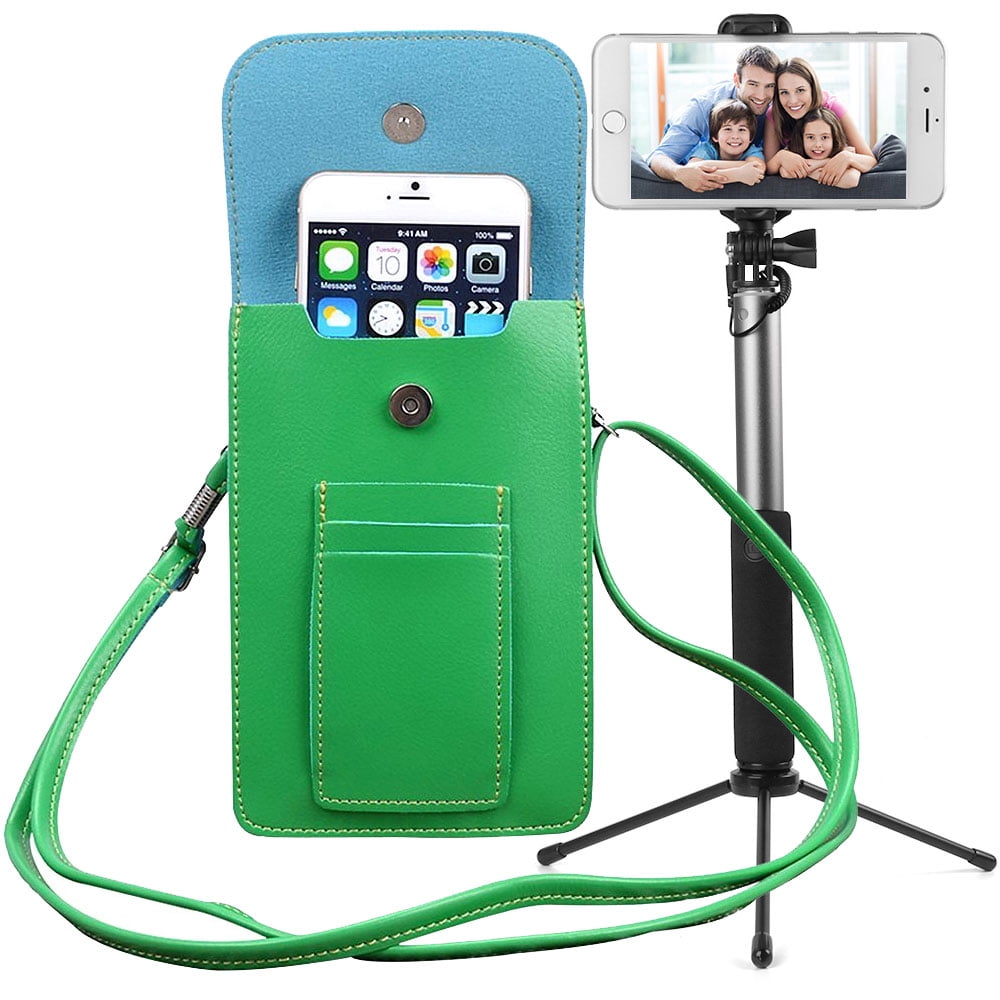 BUNDLE: Vegan Leather Vertical Crossbody Smartphone Pouch Wallet (Green) & Selfie Stick Mini Tripod 2.0 (Silver) - for Smartphones up to 6.5-inch, Removable Adjustable Shoulder Strap