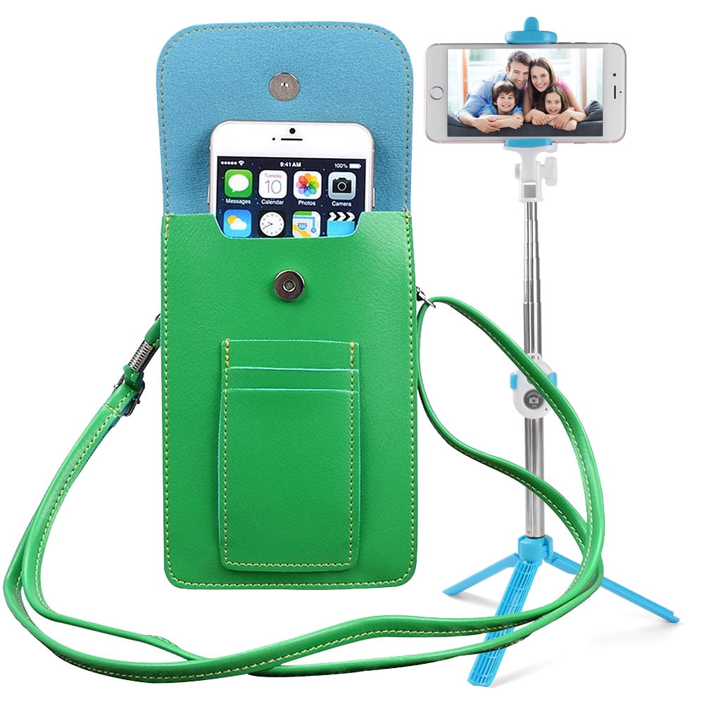 BUNDLE: Vegan Leather Vertical Crossbody Smartphone Pouch Wallet (Green) & Selfie Stick Mini Tripod (Aqua) - for Smartphones up to 6.5-inch, Removable Adjustable Shoulder Strap