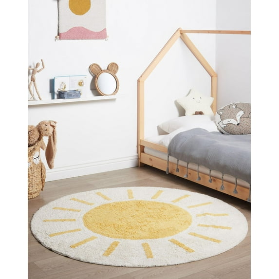 BUNGALOWANDBEYOND Round Colorful Rug For Girls Room | Soft Cotton Round Rug | Circle Rug For Nursery Decor | Kids Room Rug | Girls Bedroom Yellow Soft Rug | 5.7 ft Diameter