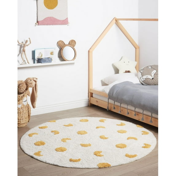 BUNGALOWANDBEYOND Round Tufted Rug | Circle Rug | Cotton Soft Rug For Girls Room | Nursery Decor Rug| White Circle Rug With Yellow Dot | Play Area Cotton Rug | 6.3 ft Diameter