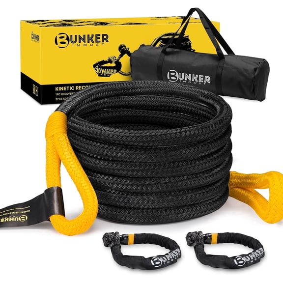 BUNKER INDUST 1.25"×20ft Kinetic Recovery Rope with 2 Soft Shackle Kit, 55000lbs Nylon Tow Rope Heavy Duty Snatch Strap Offroad Recovery Kit for 4x4 Jeep Truck ATV UTV SUV