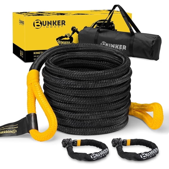 BUNKER INDUST 1.25"×30ft Kinetic Recovery Rope with 2 Soft Shackle Kit, 55000lbs Nylon Tow Rope Heavy Duty Snatch Strap Offroad Recovery Kit for 4x4 Jeep Truck ATV UTV SUV