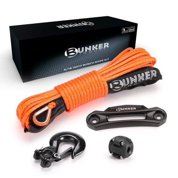 BUNKER INDUST 3/16" x 50' Synthetic Winch Rope Kit,8200 LBS Winch Line Cable Replacement with Protective Sleeve+Winch Fairlead+ Stopper+Hook for 4WD Off Road Vehicle ATV UTV SUV(Orange)