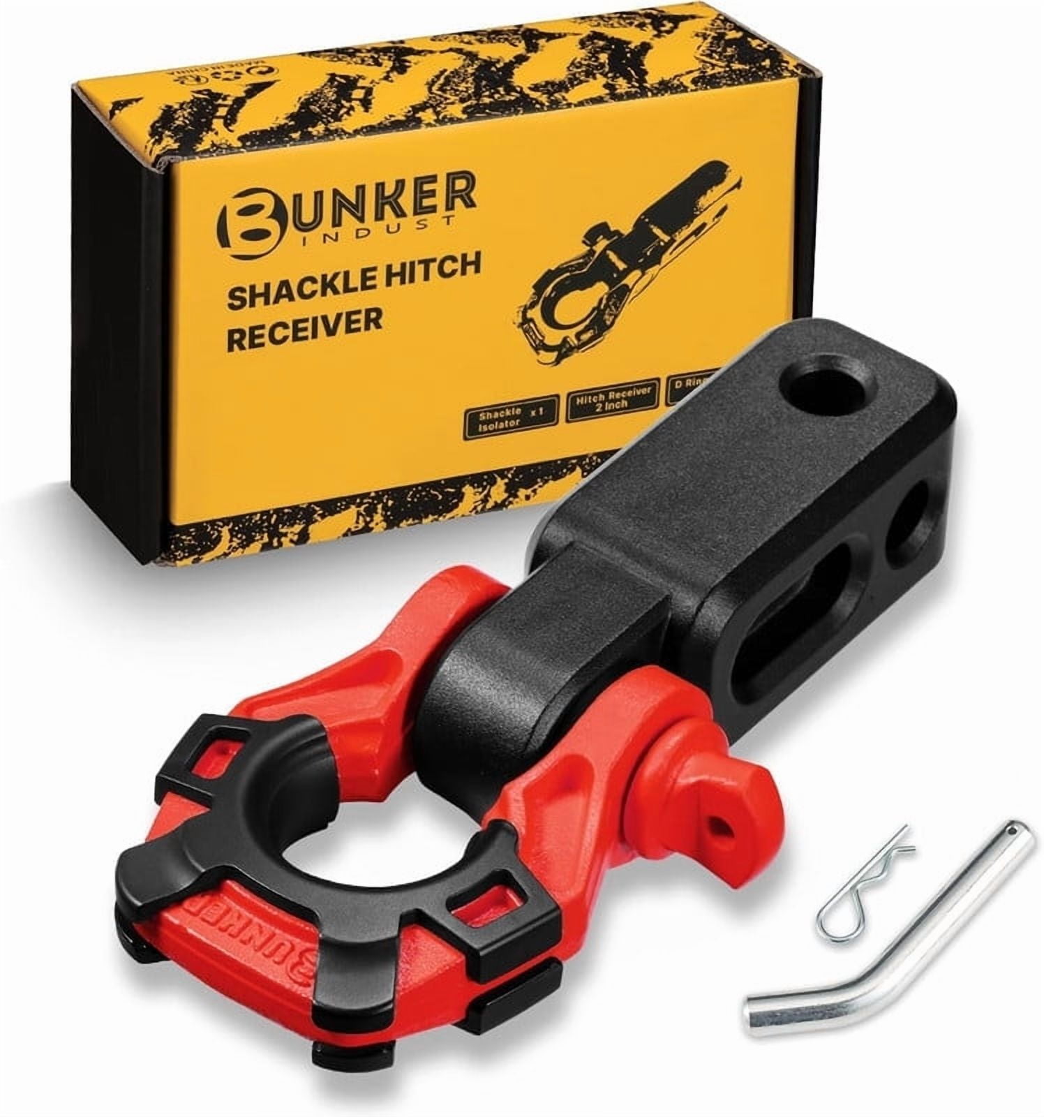 BUNKER INDUST 3/4" D Ring Shackle Hitch Receiver with Trailer Hitch - Fits 2" Receivers, Offroad Recovery Towing Accessories for Trucks, Jeep, Pickup, Red