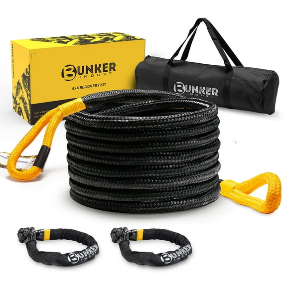 BUNKER INDUST 3/4in×20ft Kinetic Recovery Rope with 2 Soft Shackles Kit, Kinetic Recovery Tow Rope Snatch Strap Off Road Recovery Kit for UTV, ATV, Truck, Car, Jeep, Tractor