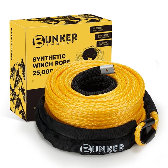 BUNKER INDUST 3/8" x 100' Synthetic Winch Rope,25000LBS Winch Cable with Protective Sleeve 100ft Winch Line Replacement for Off-Road Vehicle SUV Truck