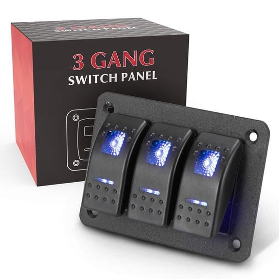 BUNKER INDUST 3 Gang Rocker Switch Aluminum Panel with Blue LED Light Waterproof 5 Pin On Off Toggle Switches for 12V/24V Marine Boat RV Truck Car ATVs
