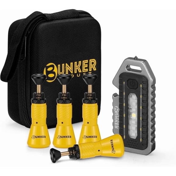 BUNKER INDUST Adjustable Auto-Stop Offroad Tire Deflator Kit with 4 Tire Valves (10-30 PSI), Multifunctional LED Light, Safety Whistle, Bottle Opener & Carry Case