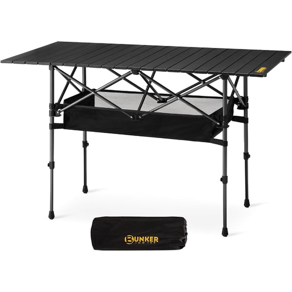 BUNKER INDUST Folding Camping Table, Outdoor Portable Roll-Top Aluminum Table with Carry Bag for Picnic,Beach,BBQ,Backyards, Adjustable Height