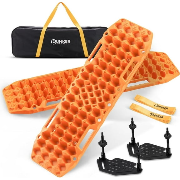 BUNKER INDUST Gen 7th Traction Boards with Mounting Kit & Jack Base - Pair Offroad Recovery Tracks for 4x4, Jeep, Truck Tires - Sand, Mud, Snow Ramps, Orange