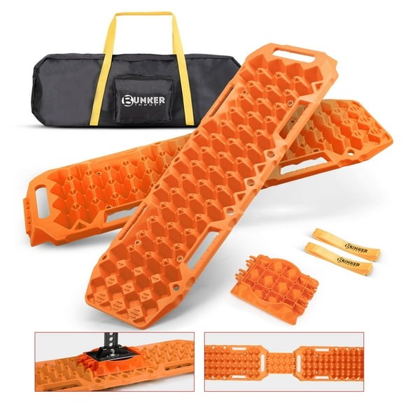 BUNKER INDUST Off-Road Traction Boards with Jack Lift Base,2 Pcs Multifunctional Recovery Track Ramp Traction Mat for 4WD UTV SUV Truck-Mud, Sand, Snow Tire Traction Devices Orange with Carry Bag
