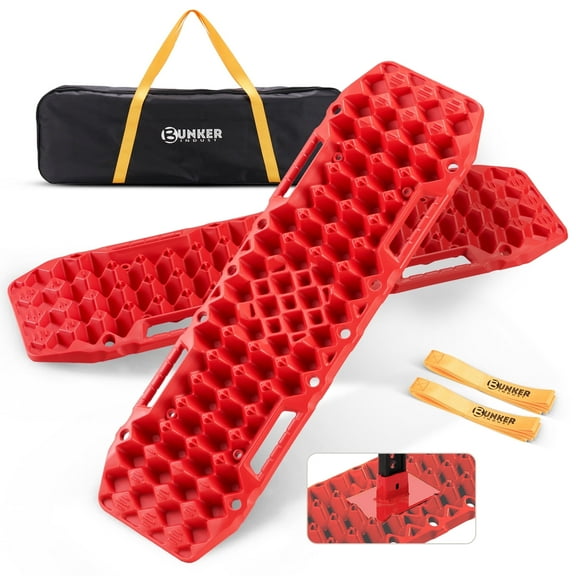 BUNKER INDUST Off-Road Traction Boards with Jack Base,Pair Recovery Tracks 4X4 Jeep Truck Tire Traction Mat with Bag -Sand,Mud,Snow Ladder Ramps(Red)