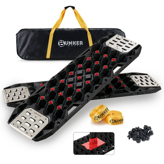 BUNKER INDUST Offroad Traction Boards with Jack Base,Pair 47.24"L x 14"W Recovery Tracks for 4x4 Vehicles Tire Traction Mat -Sand,Mud,Snow Ramps(Replaceable Dual Colors Teeth/Rugged Steel Plate)Black
