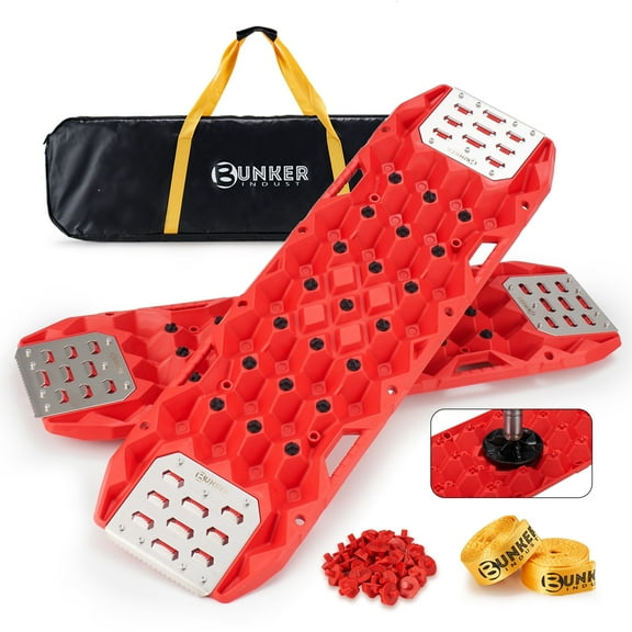 BUNKER INDUST Offroad Traction Boards with Jack Base,Pair 47.24" L x 14" W Recovery Tracks for 4x4 Vehicles Tire Traction Mat -Sand,Mud,Snow Ramps(Replaceable Teeth/Rugged Steel Plate) Red