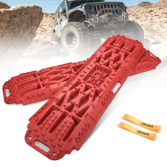 BUNKER INDUST Offroad Traction Boards with Jack Lift Base, Mud Sand Tracks Snow Tire Traction Mat Recovery Ramp for 4X4 Jeep Truck SUV ATV UTV Pair Red Traction Pads