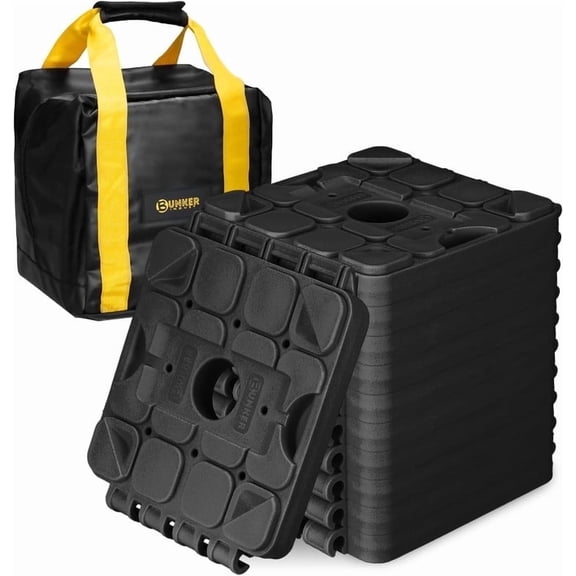 BUNKER INDUST RV Stackable Leveling Blocks & Interlocking Jack Pads - 10 Pack Multifunctional Wheel Stabilizers for Camper Trailers, Customizable Recovery Boards with Storage Bag (Black)