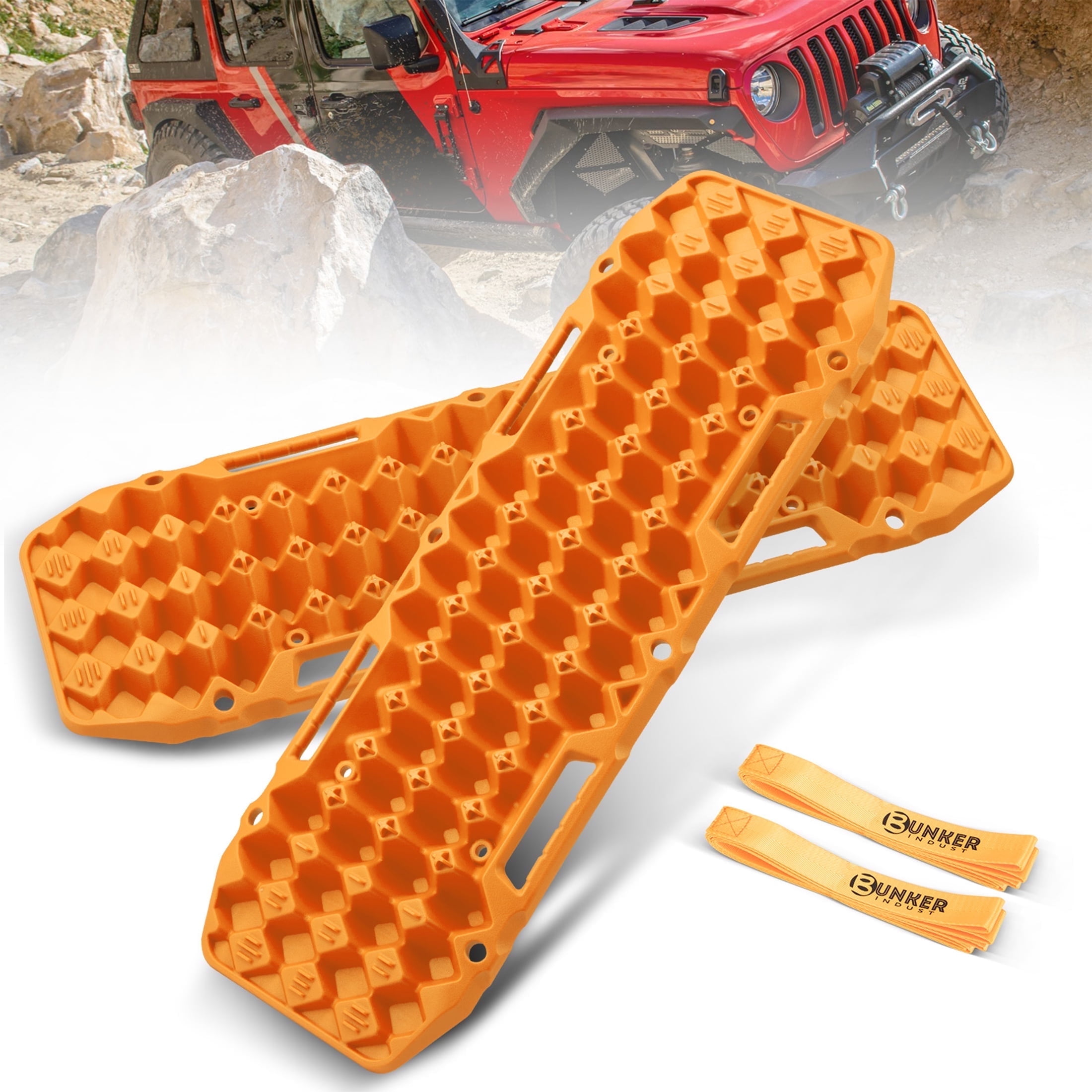 Blaze Orange and Black Off-Road Traction Boards with Jack Base