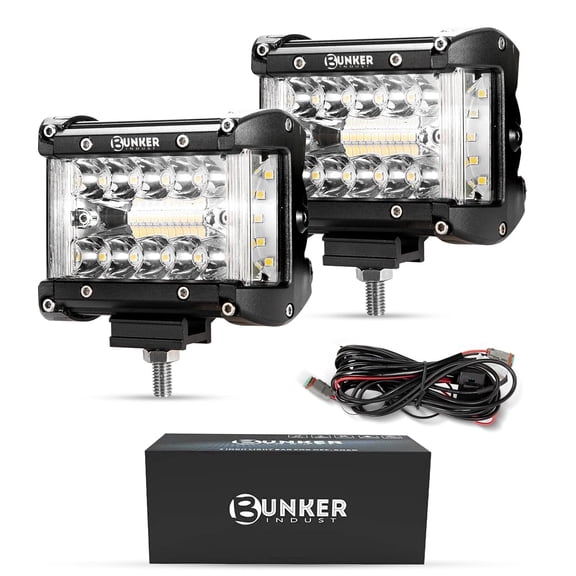 BUNKER INDUST Side Shooter LED Light Pods Wiring Harness Kit, 2 Pcs 4" Spot Flood LED Light Bar 60W Work Light Waterproof Cube Lights Off-Road Driving Bumper Light for ATV UTV Truck Boat Tractor