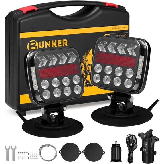 BUNKER INDUST Wireless Trailer Lights Kit, Adjustable Magnetic Towing Lights with Brake Turn Reverse Strobe Side Number Plate Light for Trucks, Boat, RV, Vehicle, Caravan